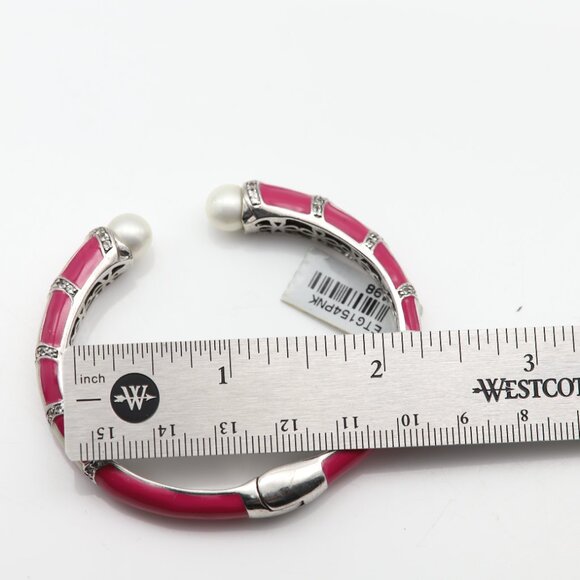 Sterling Silver Bangle Cuff Bracelet Pink and White Enamel Quartz stones and Pea - Picture 10 of 10